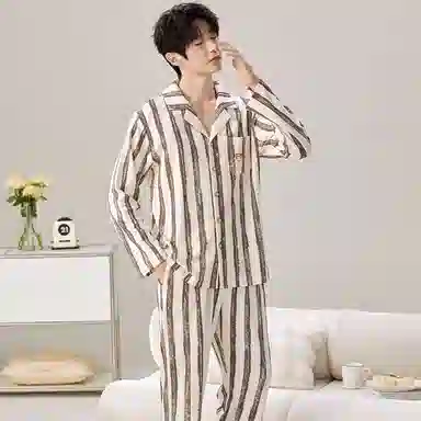 莫代尔 简约透气时尚轻柔亲肤翻领长袖长裤家居服睡衣套装 男 杏色