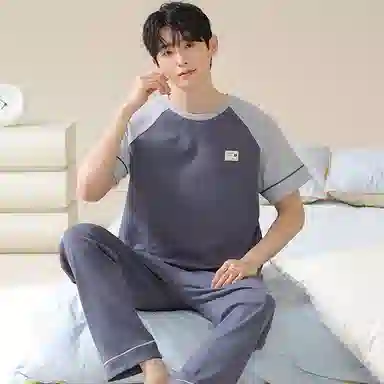 莫代尔 时尚纯色韩系舒适透气亲肤圆领套头短袖上衣双口袋松紧带长裤居家休闲可外穿睡衣套装 男款 图片色