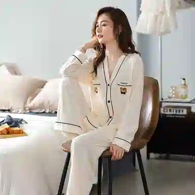 莫代尔 纯棉细腻纽扣不伤手舒适亲肤柔软透气微弹开衫长袖松紧裤腰不勒腹长裤居家休闲可外穿睡衣套装 女款 杏色