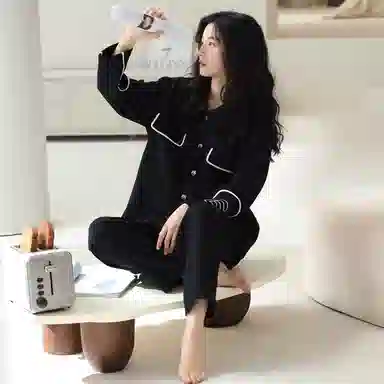 莫代尔 加厚柔软保暖细腻舒适蓄热套头长袖长裤可居家休闲可外穿睡衣套装 女款 黑色