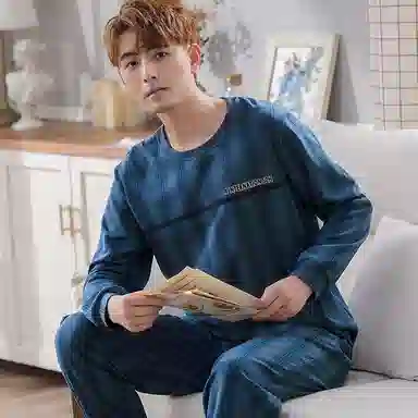 莫代尔 轻盈透气亲肤吸湿排汗舒适耐磨柔软微弹可居家休闲可外穿长袖长裤睡衣套装 男款 藏青色