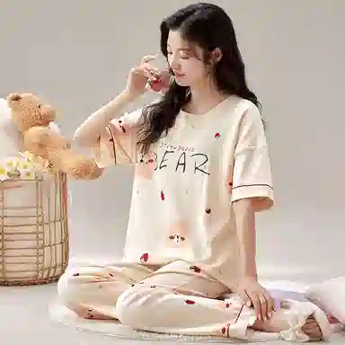 莫代尔 夏季印花图案舒适圆领短袖透气可外穿居家长裤睡衣套装 女款 杏色