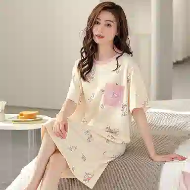 莫代尔 舒适微弹柔软亲肤细腻透气耐磨自带可拆卸胸垫防凸点可居家休闲可外穿短袖睡裙 女款 杏色