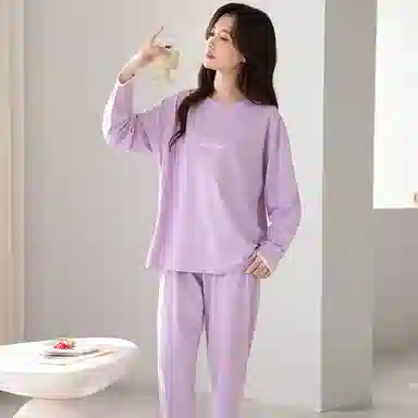 莫代尔 舒适亲肤柔软吸湿排汗轻盈微弹耐磨细腻透气长袖休闲可外穿秋冬季睡衣套装 女款 淡紫色