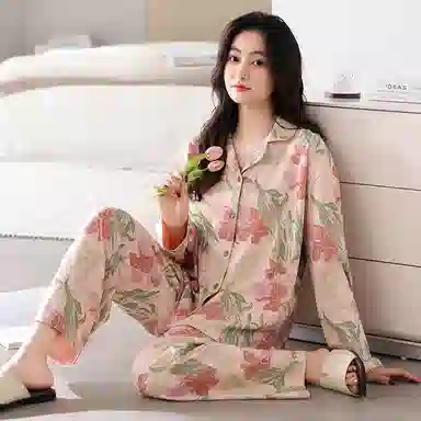 莫代尔 舒适简约亲肤休闲可外穿长袖睡衣套装 女款 桃色