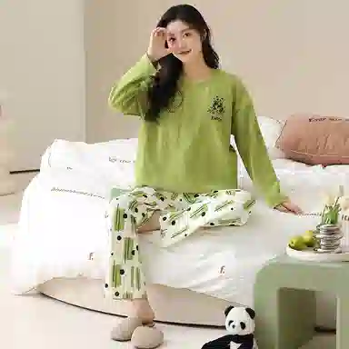 莫代尔 亲肤舒适柔软丝滑透气微弹耐磨吸湿排汗带胸垫防凸点长袖长裤休闲可外穿睡衣套装 女款 黄绿色