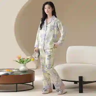 莫代尔 舒适亲肤开衫翻领长袖长裤韩版满印甜美时尚家居服可外穿睡衣套装 女款 杏色