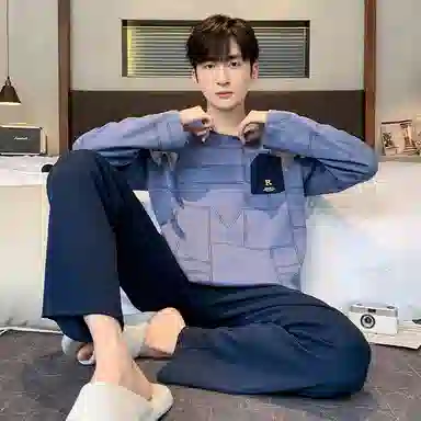 莫代尔 细腻耐磨舒适柔软亲肤透气微弹长袖松紧裤腰不勒腹长裤可居家休闲可外穿睡衣套装 男款 蓝色