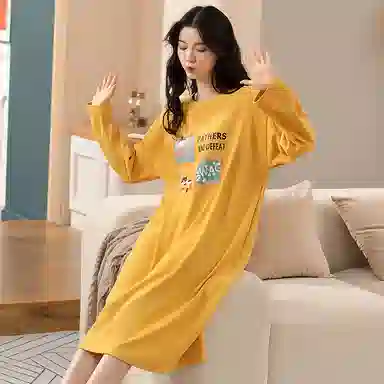 莫代尔 亲肤舒适纯色印花满印长袖居家休闲可外穿睡裙 女款 向日葵色