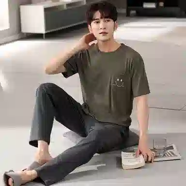 莫代尔 休闲舒适亲肤纯色透气圆领套头短袖上衣松紧腰长裤睡衣套装 男款 橄榄色