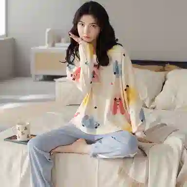 莫代尔 纯棉微弹吸湿排汗耐磨细腻舒适透气柔软亲肤轻盈可居家休闲可外穿长袖睡衣套装 女款 杏色