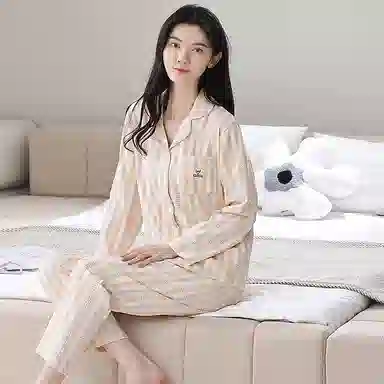 莫代尔 简约亲肤舒适长袖长裤甜美时尚翻领家居服可外穿家居服睡衣套装 女款 杏色