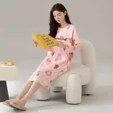 莫代尔 纯棉透气轻盈耐磨亲肤微弹吸湿排汗柔软细腻舒适可居家休闲可外穿长袖睡裙 女款 淡粉色