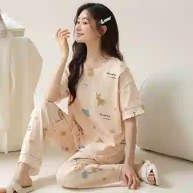 莫代尔 韩版舒适亲肤柔软轻盈透气休闲微弹圆领短袖长裤时尚家居月子服可外穿睡衣套装 女款 杏色