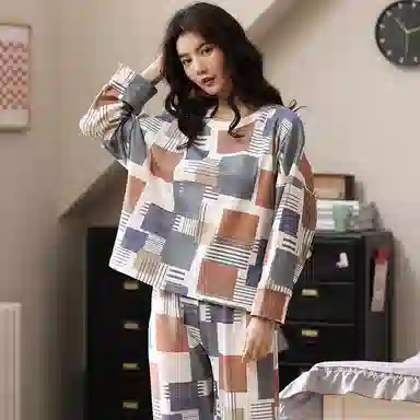 莫代尔 简约花色亲肤柔软微弹吸湿排汗宽松舒适细腻透气长袖长裤可居家休闲可外穿睡衣套装 女 白色