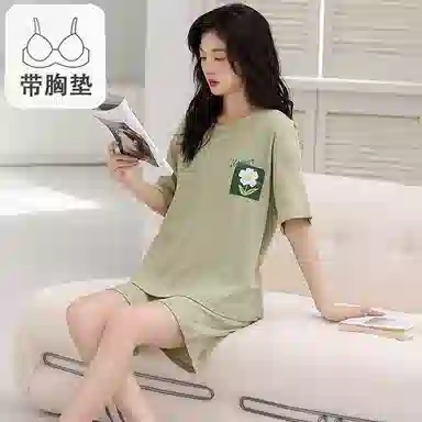 莫代尔 可外穿休闲时尚亲肤微弹圆领短袖春夏季睡衣套装 女款 绿色