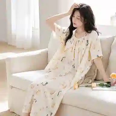 莫代尔 带胸垫不跑杯小清新简约休闲时尚舒适亲肤短袖睡裙 女款 杏色