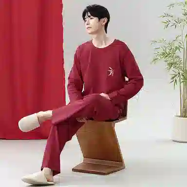 莫代尔 抗菌时尚喜庆简约轻盈微弹舒适亲肤柔软不易起球居家服可外穿睡衣套装 男款 红色