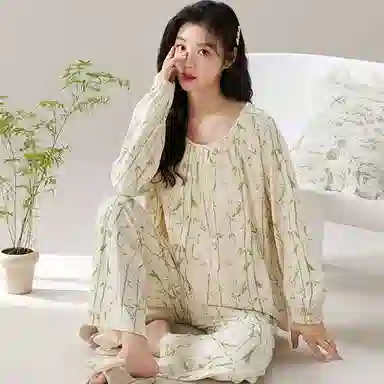 莫代尔 柔软轻盈青春透气简约微弹亲肤长袖长裤可外穿家居服睡衣套装 女款 杏色