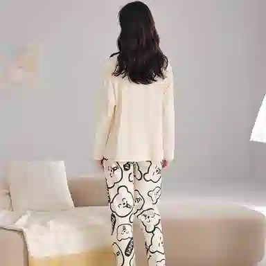 莫代尔 舒适柔软微弹透气吸湿亲肤耐磨长袖长裤不勒腹可居家休闲可外穿睡衣套装 女款 杏色