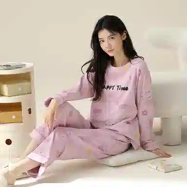 莫代尔 亲肤带胸垫防凸点套头圆领长袖长裤韩版卡通熊满印可外穿睡衣套装 女款 香芋紫