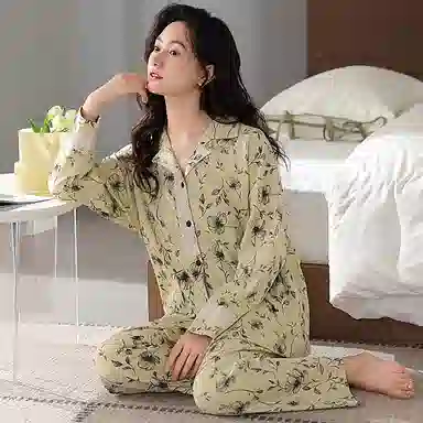 莫代尔 亲肤透气柔软舒适开衫长袖长裤睡衣套装 女款 抹茶色
