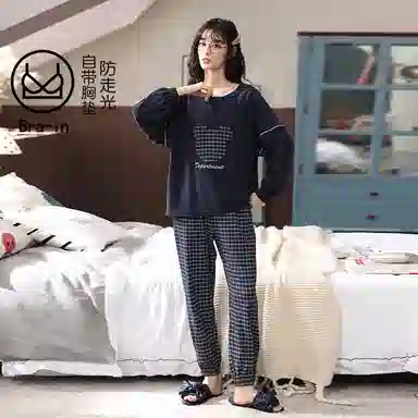 莫代尔 带胸垫防凸点柔软舒适亲肤休闲简约时尚百搭可外穿睡衣套装 女款 藏青色