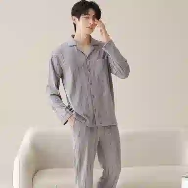 莫代尔 亲肤柔软舒适微弹透气耐磨开衫长袖弹力裤腰不勒腹可居家休闲长裤可外穿睡衣套装 男款 银色