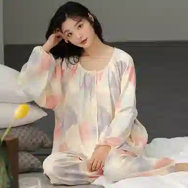 莫代尔 舒适轻盈透气耐磨吸汗细腻柔软亲肤居家可外穿开衫长袖长裤睡衣套装 女款 杏色