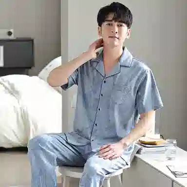 莫代尔 柔软舒适透气亲肤微弹耐磨吸湿排汗开衫短袖松紧裤腰不勒腹长裤可居家休闲可外穿睡衣套装 男款 粉蓝色