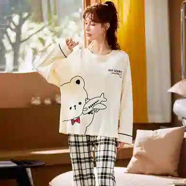 莫代尔 舒适柔软透气小熊印花亲肤长袖弹力裤腰不勒腹长裤可居家休闲外穿睡衣套装 女款 杏色