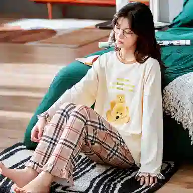 莫代尔 时尚卡通印花长袖格子长裤休闲居家学生家居服亲肤透气可外穿睡衣套装 女款 乳白色