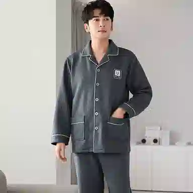 莫代尔 可外穿气质保暖储温蓄热轻熟风细腻舒适亲肤韩版时尚透气开衫翻领圆润纽扣宿舍简约休闲长袖长裤睡衣套装 男款 灰色