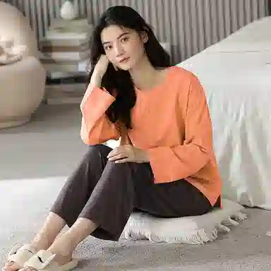 莫代尔 亲肤舒适套头圆领长袖长裤家居服可外穿睡衣套装 女款 桔红色