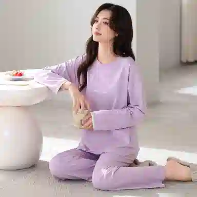 莫代尔 舒适亲肤柔软吸湿排汗轻盈微弹耐磨细腻透气长袖休闲可外穿秋冬季睡衣套装 女款 淡紫色
