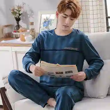 莫代尔 轻盈透气亲肤吸湿排汗舒适耐磨柔软微弹可居家休闲可外穿长袖长裤睡衣套装 男款 藏青色