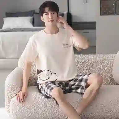 莫代尔 薄款舒适亲肤韩版卡通时尚经典短袖五分裤家居服可外穿睡衣套装 男款 杏色