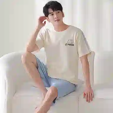 莫代尔 简约时尚卡通小熊舒适透气短袖休闲可外穿五分裤睡衣套装 男款 杏色