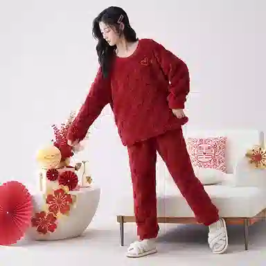 莫代尔 保暖亲肤舒适透气细腻圆领气质时尚家居服长袖长裤可外穿睡衣套装 男女同款 红色