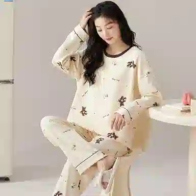 莫代尔 轻盈透气简约微弹亲肤长袖长裤可外穿居家服睡衣套装 女款 杏色