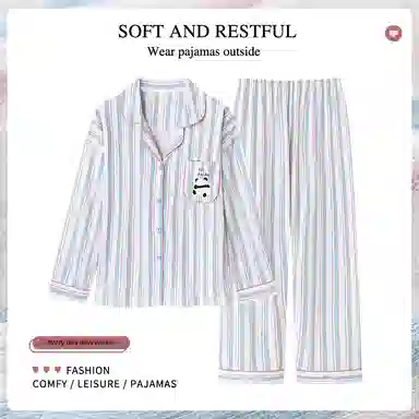 莫代尔 简约条纹满印甜美时尚亲肤舒适长袖长裤开衫翻领家居服可外穿睡衣套装 女款 粉蓝色