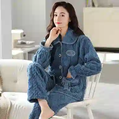 莫代尔 气质轻熟风舒适透气不臃肿显瘦亲肤细腻长袖长裤不勒腹时尚可外穿加厚保暖蓄热睡衣套装 女款 藏青色
