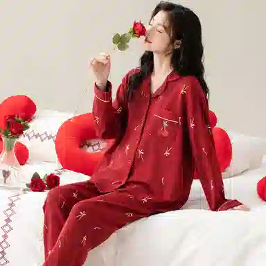 莫代尔 保暖储温细腻亲肤长袖长裤家居服可外穿睡衣套装 男女同款 红色