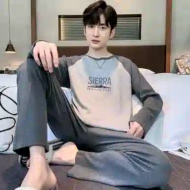 莫代尔 韩系纯色简约时尚条纹经典舒适亲肤休闲家居服套头圆领长袖上衣松紧带双口袋长裤可外穿睡衣套装 男款 浅花灰