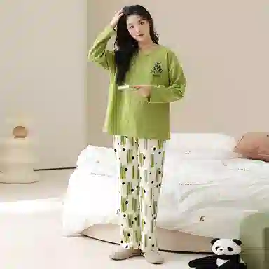 莫代尔 亲肤舒适柔软丝滑透气微弹耐磨吸湿排汗带胸垫防凸点长袖长裤休闲可外穿睡衣套装 女款 黄绿色