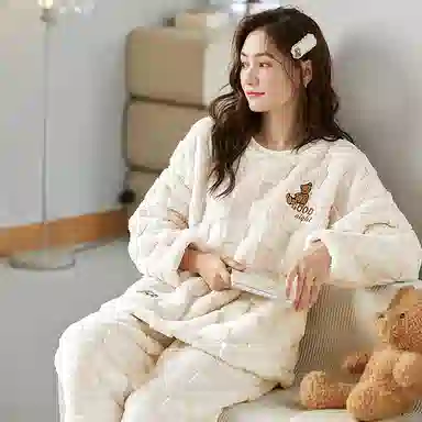 莫代尔 简约加厚蓄热保暖柔软舒适细腻长袖休闲可外穿长裤睡衣套装 女款 杏色