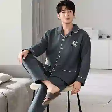 莫代尔 可外穿气质保暖储温蓄热轻熟风细腻舒适亲肤韩版时尚透气开衫翻领圆润纽扣宿舍简约休闲长袖长裤睡衣套装 男款 灰色