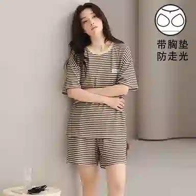 莫代尔 时尚亲肤透气百搭圆领舒适柔软细腻带胸垫防凸点短袖家居服可外穿睡衣套装 女款 黑白色