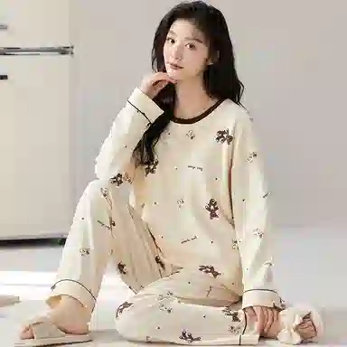 莫代尔 轻盈透气简约微弹亲肤长袖长裤可外穿居家服睡衣套装 女款 杏色