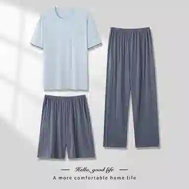 莫代尔 气质时尚个性大方圆领韩版百搭简洁休闲舒适柔软细腻短袖长裤家居服可外穿睡衣套装 男款